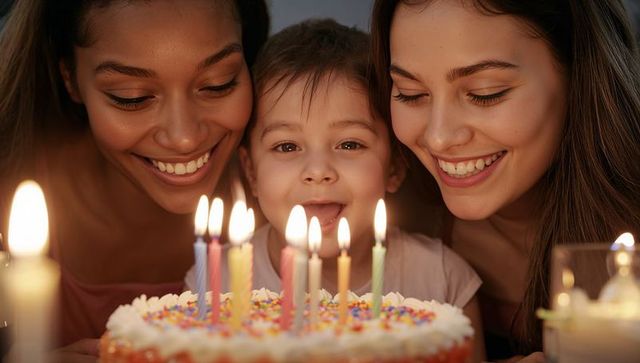Smiling family celebrating toddler birthday blowing out candles on frosted sprinkle cake