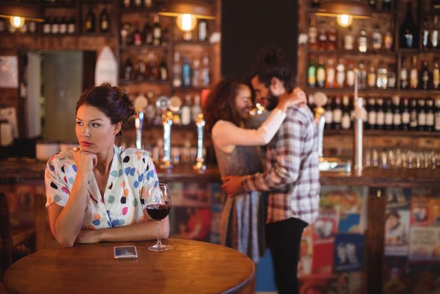 Jealous woman ignoring affectionate couple in pub
