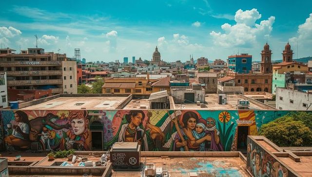 Vibrant urban rooftop street art overlooking cityscape