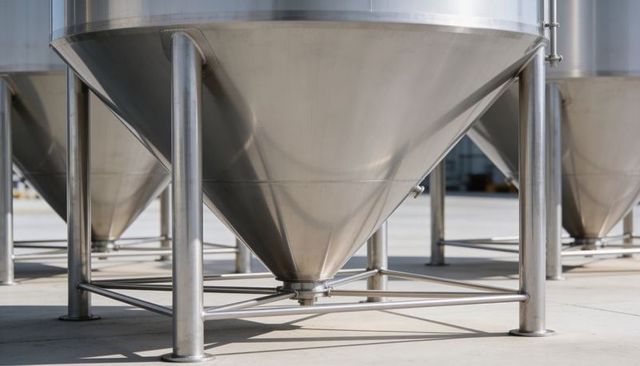 Stainless steel conical hopper standing on concrete with discharge valve and support legs
