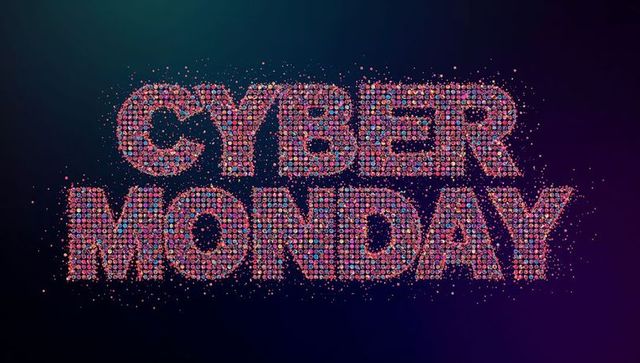 Cyber monday neon dot typography forming dynamic sale banner with teal-purple glow