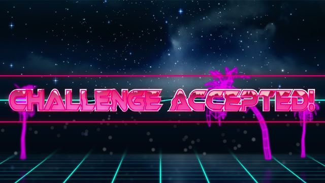 Vibrant neon pink text 'Challenge Accepted!' stands out against a futuristic grid with a starlit sky backdrop. Palm trees add to the retro 80s Sci-fi allure. Suitable for promoting competitive gaming events, themed parties, or tech events reflecting a nostalgic yet modern vibe.