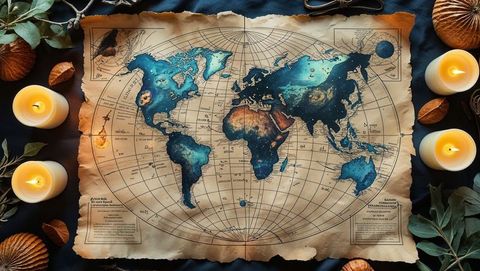 Vintage parchment world map with candles and autumn decor