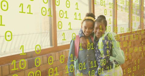 Children Embracing in School Corridor with Digital Binary Overlay