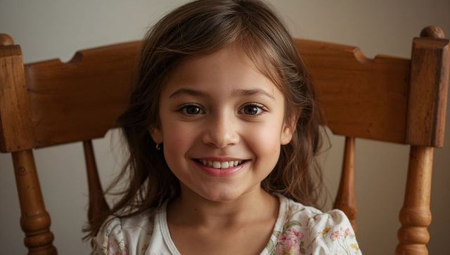 Warm natural light closeup portrait of smiling girl on wooden spindle-back chair
