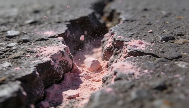 Sunlit cracked asphalt revealing pink chalk powder and granular chalk fragment in crevice