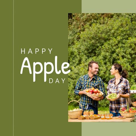 Happy Apple Day Celebration with Joyful Couple and Fruit Baskets
