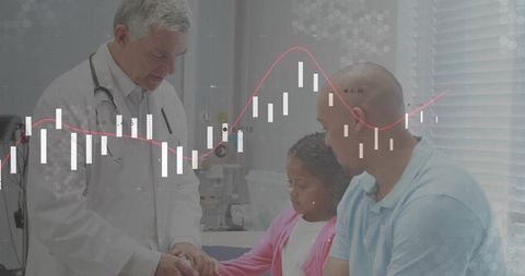 Doctor examining child's wrist in clinic with health data graph overlay