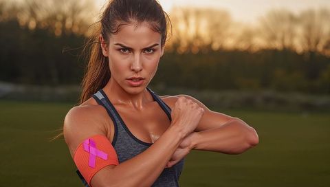 Female athlete with compression band motivated during dusk exercise