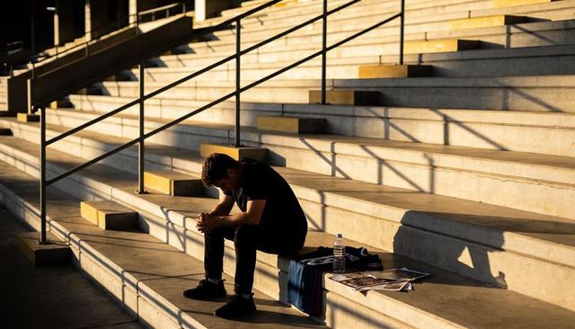 Solitary man sitting on sunlit concrete bleachers reflecting at golden hour