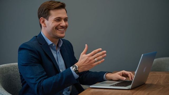 Smiling Businessman Engaged in Virtual Meeting in Office