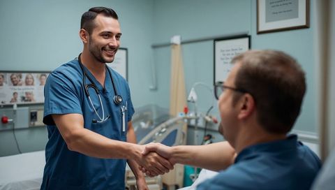 Friendly doctor greeting patient in medical clinic