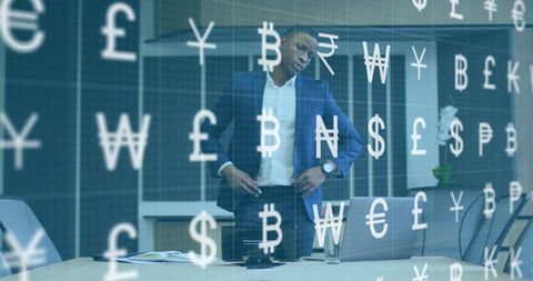 Executive contemplating financial strategy in modern boardroom with currency overlay