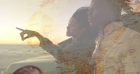 Couple Enjoying Sunset with World Map Overlay - Download Free Stock Images Pikwizard.com