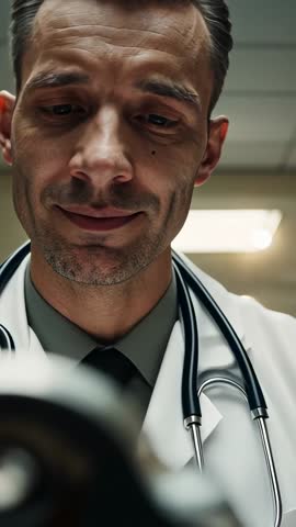 Doctor leaning over clipboard reading chart and offering reassurance - vertical video