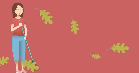 Cartoon Woman Raking Leaves on Red Background - Download Free Stock Images Pikwizard.com