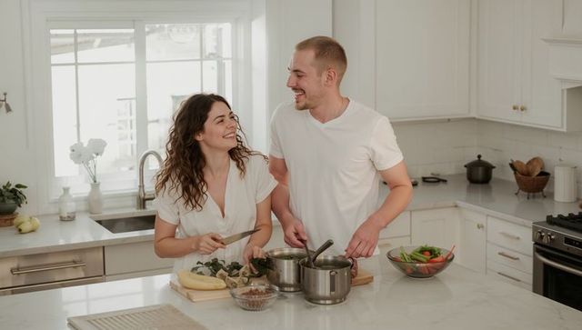 Smiling couple cooking in bright modern kitchen chopping vegetables on marble countertop