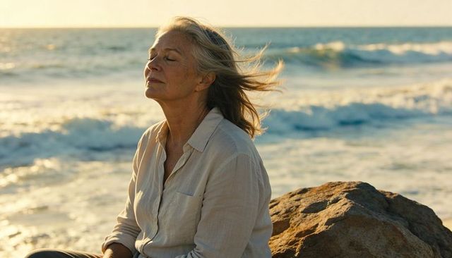 Senior woman enjoying sea breeze on coastal rock at sunset practicing mindful relaxation