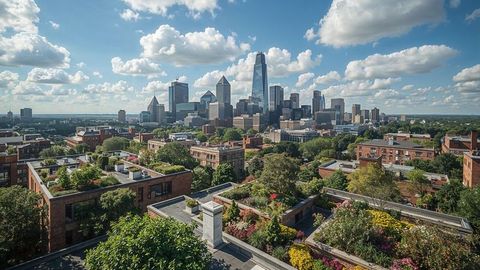 Urban rooftop garden overlooking charlotte modern cityscape