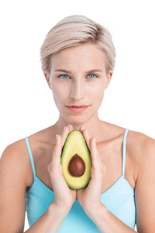 Transparent portrait woman holding half avocado