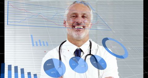 Smiling Senior Doctor With Financial Data Overlay - Download Free Stock Images Pikwizard.com