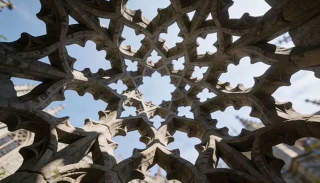 Framing carved gothic stone tracery with star and quatrefoil motifs, weathered lichen