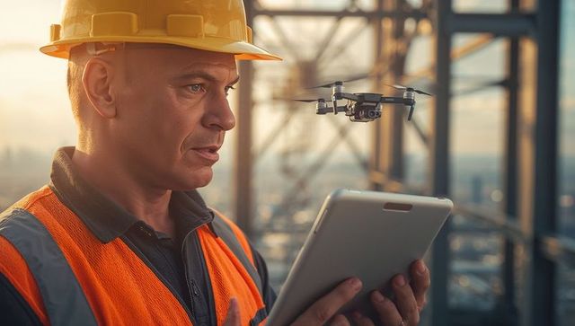 Construction engineer using drone technology at urban site