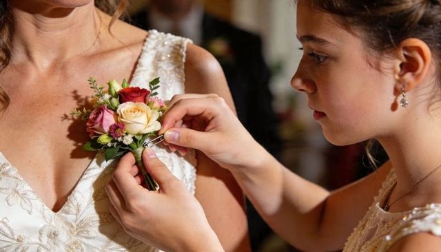 Teen attendant pinning boutonniere on bride in embroidered lace gown with roses and beading