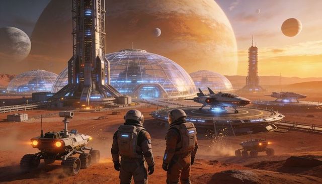 Explorers Surveying Red Planet Colony with Geodesic Domes, Rovers and Futuristic Spaceport