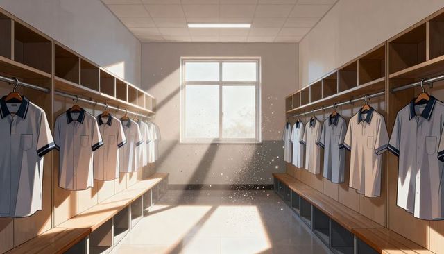 Sunlit school locker room with hanging white navy-collared uniforms and dust