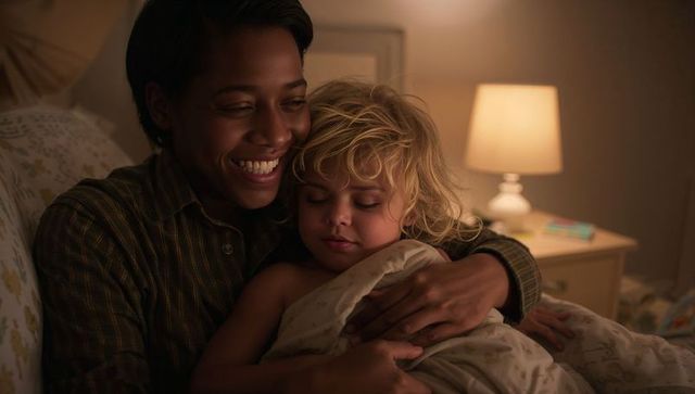 Sharing bedtime hug caregiver holding child under warm lamp light cozy nighttime cuddle