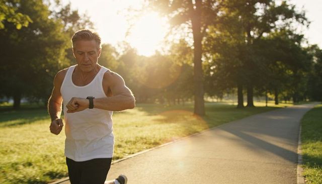 Mature man running in park checking smartwatch at golden hour for fitness