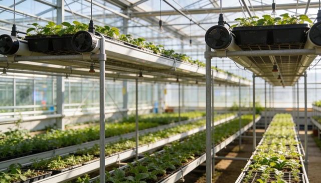 Growing seedlings on multi-tier greenhouse trays with drip irrigation and daylight