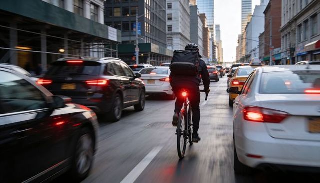Cyclist navigating heavy city traffic at dusk with backpack and rear light, urban commuter