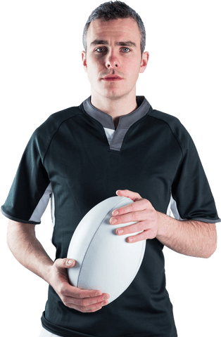 Rugby player holding ball on transparent background