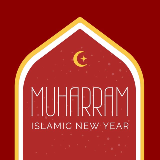 This illustration of Muharram Islamic New Year features a crescent moon and star on a maroon background. Perfect for use in Islamic holiday greeting cards, social media posts celebrating the Islamic New Year, educational materials, and religious event promotions. The modern design with Arabic influences highlights the importance of Muharram in the Islamic calendar.