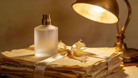 Vintage Handwritten Letters Tied with Ribbon Beside Frosted Perfume Bottle and Brass Lamp