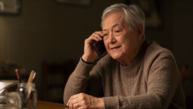 Senior asian woman talking on smartphone in cozy home, warm evening conversation