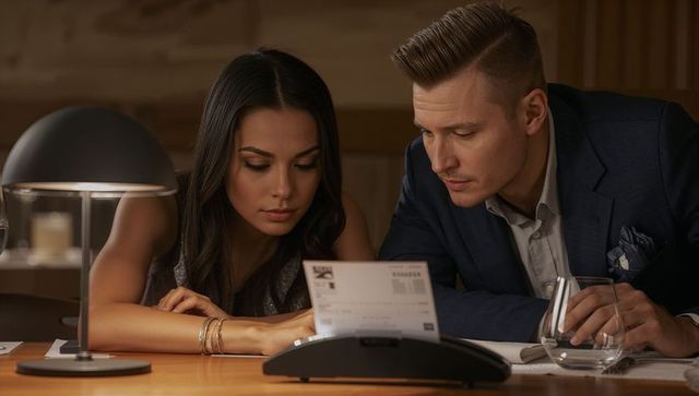 Couple checking receipt during romantic candlelit dinner at upscale restaurant