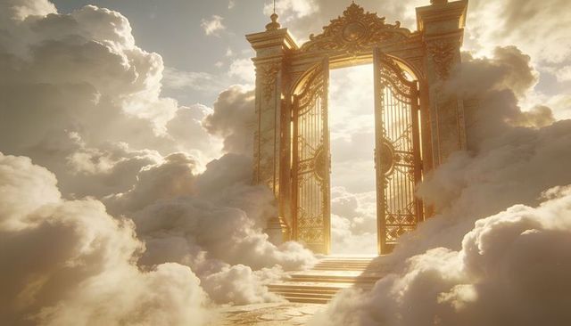 Golden celestial gates opening on cloud stairway — ornate filigree archway bathed in light