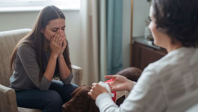 Distressed woman in therapy room with brown labrador