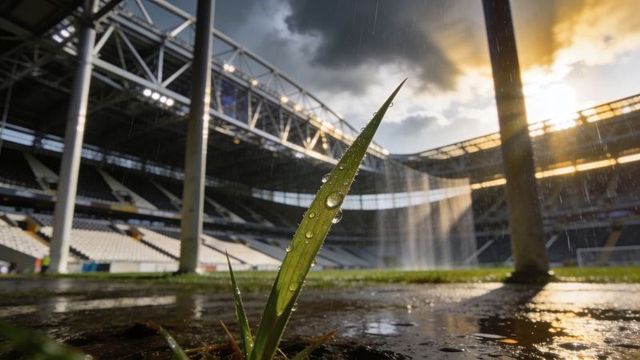 Sunlit grass blade with water droplets on wet stadium turf during sunset rain shower