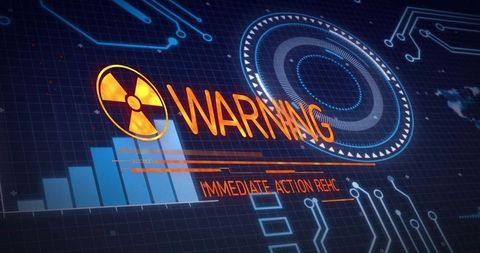 Futuristic digital interface with radiation warning and data chart