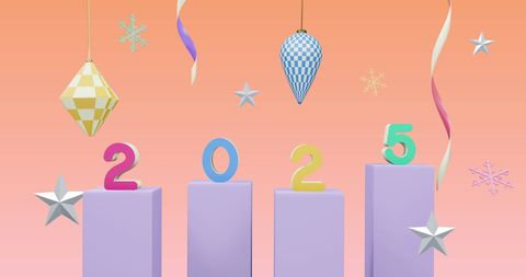 2025 New Year Celebration with Festive Decorations on Pink Background