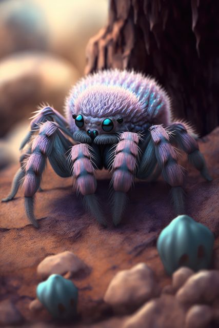 Furry tarantula seen in natural forest environment on rocky surface. Blue and brown hues highlight its hair-covered body and multiple eyes. Perfect as educational material, nature-themed artwork, or use in wildlife documentaries and articles.