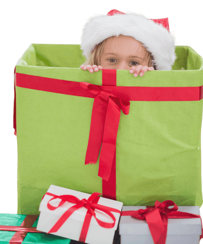 Caucasian Girl in Santa Claus Hat Peeking from Gift on Transparent Background