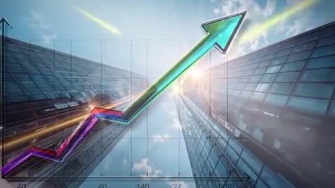 Rising Arrow Between Skyscrapers with Sun Flare