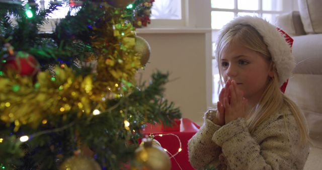 Young Girl in Santa Hat Looking at Decorated Christmas Tree - Download Free Stock Images Pikwizard.com