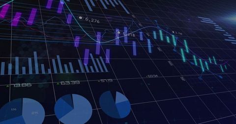 Futuristic Financial Dashboard Showing Candlestick, Line and Pie Charts on Dark Grid
