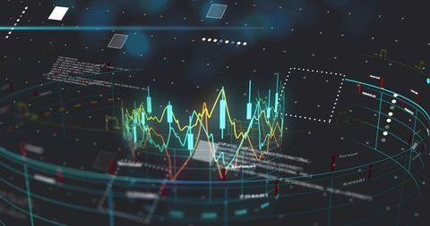Holographic 3d dashboard rotating with neon candlestick charts and pulsing time series